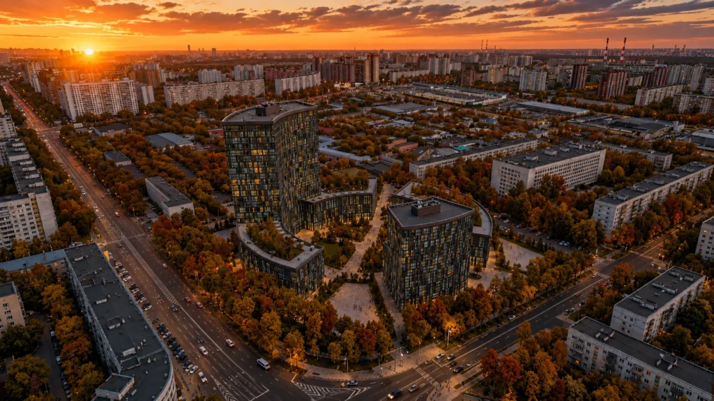 Golden Sun Complex — концептуальная визуализация, вид сверху на комплекс осенью, Алматы, PrivateHouse