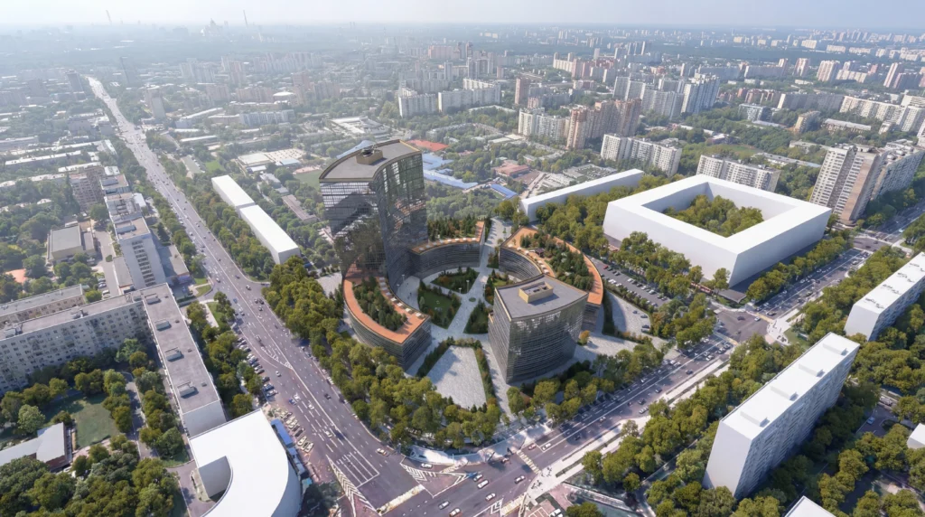 Golden Sun Complex — фасад с солнечным орнаментом, Алматы, PrivateHouse