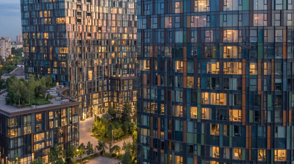 Golden Sun Complex — концептуальная визуализация, деталь фасада с солнечным орнаментом, PrivateHouse