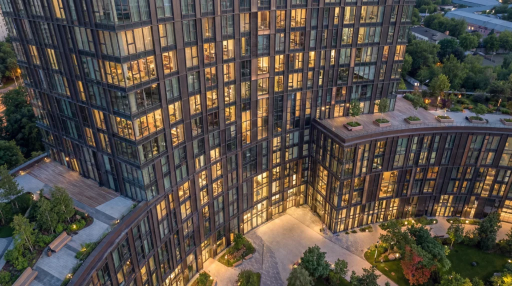 Golden Sun Complex — концептуальная визуализация, фрагмент фасада и ритм остекления, Алматы, PrivateHouse