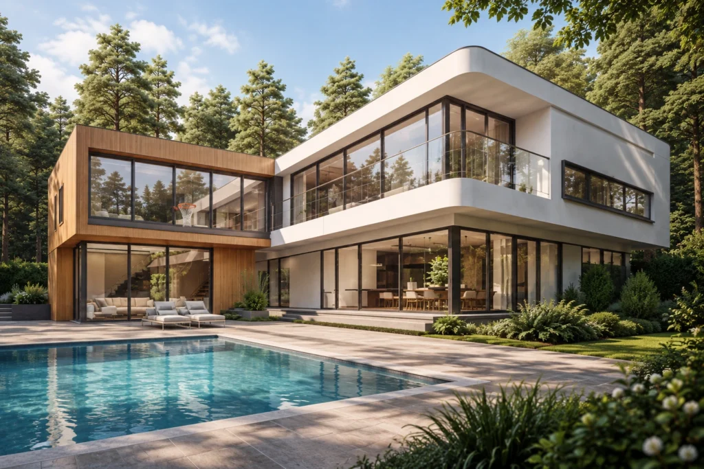 Villa Aurora — фасад из дерева и белого камня среди леса, PrivateHouse