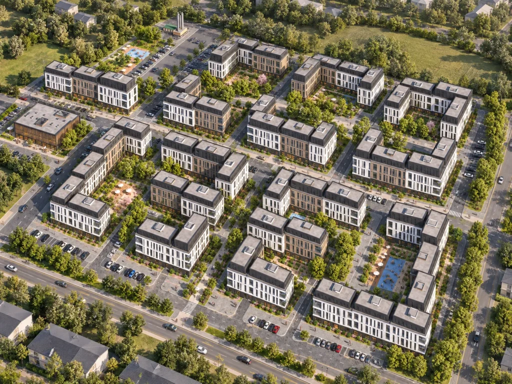 Grand District на закате — общий вид жилого района сверху, Алматы, PrivateHouse