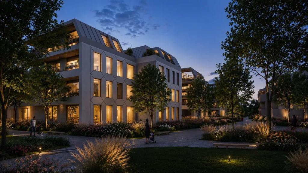 Nova District — фасад с гранёными эркерами в вечернем освещении, Алматы, PrivateHouse