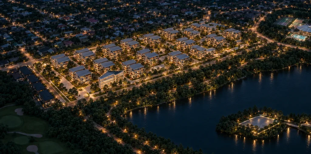 Мастер-план Nova District с высоты — расположение корпусов у набережной, Алматы, PrivateHouse